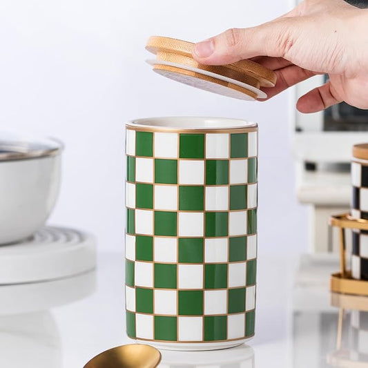 Kitchen Countertop Ceramic Checkered Canisters,Black And White Food Storage Containers With Lid,Airtight Kitchen Canisters for Flour, Sugar, Coffee, Tea, and Dry Goods (Green, Large) by XYQXYQ