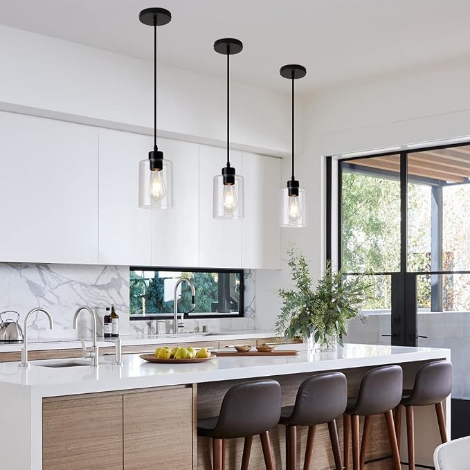 Modern Black Farmhouse Clear Glass Cylinder Pendant Light Fixture,Island Lights for Kitchen,Mini Pendant Lighting for Kitchen Island Decor - 4.75 Inch Shade, 2-58 Inch Cord(1 Pack) - Image 2