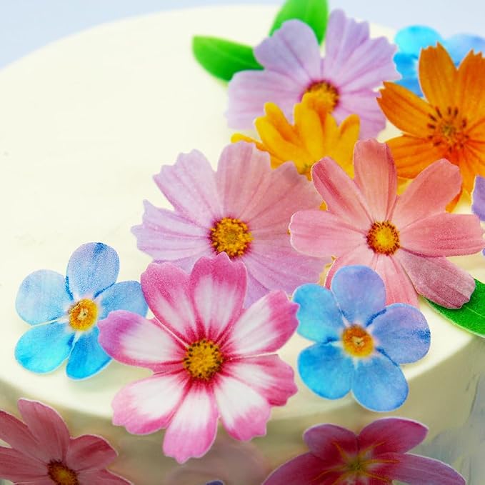 Set of 60 Edible Flowers & Leaf Cupcake Toppers Wedding Cake Party Food Decoration Mixed Size & Colour for Anniversary - Image 7