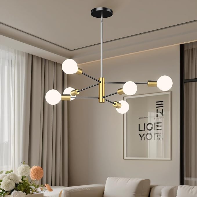 6-Light Black and Gold Mid Century Ceiling Chandelier Height Adjustable for Living Room, Kitchen, Dining Room, Bedroom,Foyer (Bulbs Not Included) - Image 7