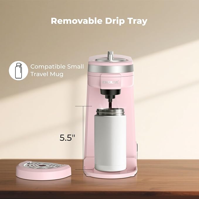 CHULUX Mini Single Serve Coffee Maker for K Cup, Fast Heating, Dusty Rose | Fast-Heating Boiler System, Single Cup Brewing, Portable Compact Design, Four-Hole Multi-Stream Needle, Adjustable Drip Tray - Image 8