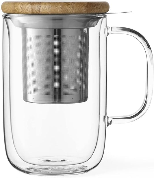 VIVA Minima Double Wall Glass Balance Tea Mug with Mesh Infuser and Wood Lid- 500 ml / 17 oz