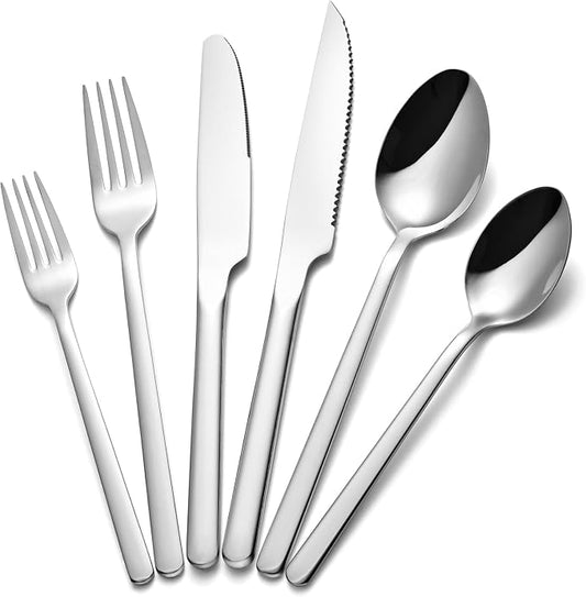 KINGSTONE 36-Piece Silverware Set with Steak Knives, Flatware Set for 6, 18/10 Stainless Steel Tableware Cutlery Set for Home Restaurant, Mirror Finish,Modern Design by KINGSTONE