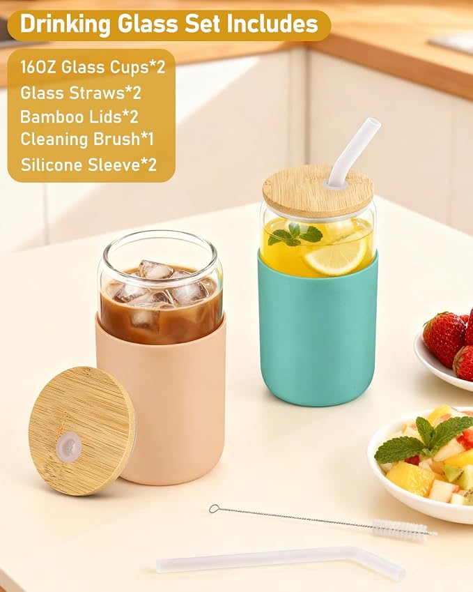 Glass Cups with Lids and Straws, 2 Pack 16OZ Iced Coffee Cups with Silicone Sleeve, Glass Tumbler with Straw and Bamboo Lid, Home Essential Drinking Set for Juice, Cocktail and Latte Khaki&Green - Image 2