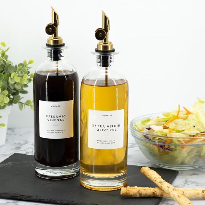 Molimoli Oil and Vinegar Dispenser with Metal Pour Spout, Weighted Pourer, Glass Bottle Dispenser for Kitchen, Olive Oil Cruet, Glass Olive Oil Bottle | 500ml, Set of 2 - Image 5