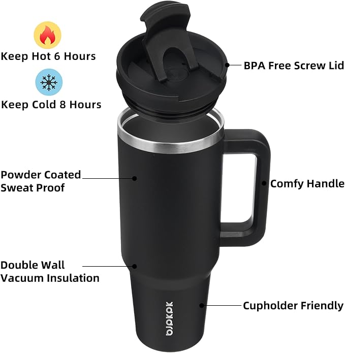 BJPKPK 40 oz Insulated Tumbler with Handle & Straw, Stainless Steel | Double Wall Vacuum Insulation, Leak Proof, BPA Free, Dishwasher Safe, Cupholder Friendly, Travel & Outdoor, Black - Image 2