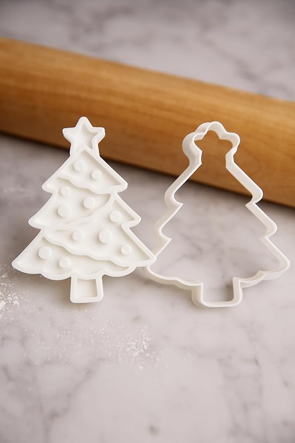 Christmas Tree Cookie Cutter and Stamp Set - 3.5" Holiday Baking Tool for Cookies, Fondant, Clay - Detailed Design with Easy Grip Handle - Durable Plastic Cookie Cutter for Christmas Baking