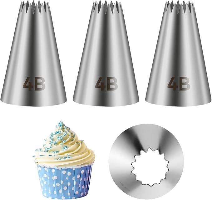 3Pcs 4b Tip Piping Icing Tips for Cake Decorating Frosting Tips for Pipings Icing Star Piping Tip Stainless Steel 4B Open Stars Cake Decorating Tipp, Silver