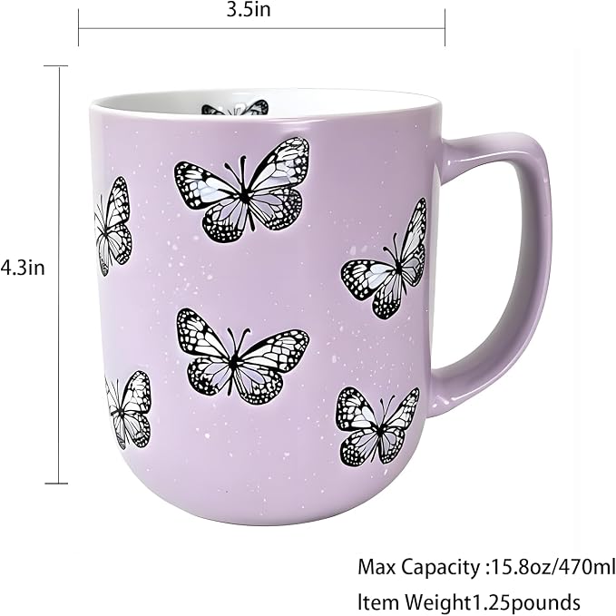 16oz Ceramic Coffee Mug for Office and Home, Hand Painted with Handles Tea Cup, Cute Vintage Butterfly Mug,Best Gifts for Women and Men,Dishwasher Microwave Safe (Light Purple) - Image 2