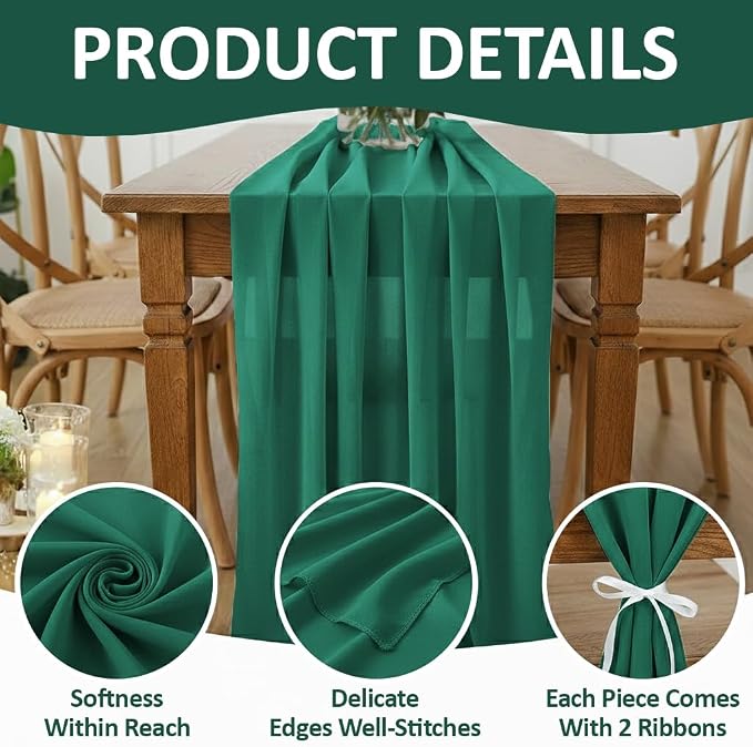 Pack of 20 | Emerlad | 14ft Chiffon Table Runner 29x170 Inches Long Romantic Rustic Sheer Gauze Runner for Wedding Bridal Shower Birthday Banquets Engagement Spring Easter Boho Decorations - Image 5