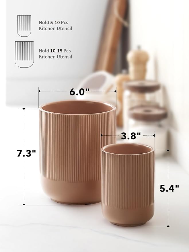 LE TAUCI Utensil Holder for Kitchen Counter, 7.3"+5.4" Fluted Ceramic Utensil Crock Organizer for Countertop, Heavy Large Holder for Spatulas, Spoons, Set of 2, Dusty Coral - Image 5