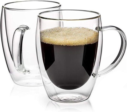 Espresso Cups Set Of 2 12 Oz, Double Walled Glass Coffee Mugs with Handle,Insulated Layer Coffee Cups,Clear Borosilicate Glass Mugs,Perfect for Cappuccino,Tea,Latte,Espresso,Hot Beverage,Wine