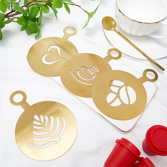 GORGECRAFT 4Pcs Coffee Cup Stencil Template Coffee Decorating Stencils Golden Coffee Latte Art Flat Round with Leaf Heart Cup Pattern Cappuccino Art Templates for Cup Cake Birthday Cake Coffee