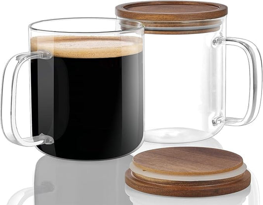 DRASTAR Glass Coffee Cups, 16 oz Coffee Mugs, Flat Bottomed Cups with Acacia Wood Lid, Glass Tea Cup with Handle, Clear Tea Cup Set of 2
