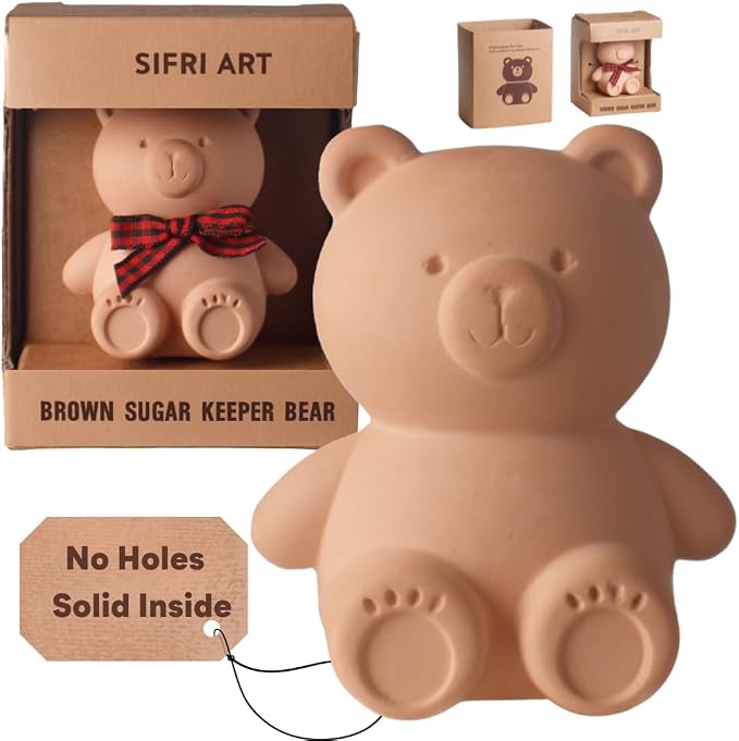Brown Sugar Bear Keeper – 3D Terracotta Clay Sugar Saver Softener, Reusable Moisture Stone for Brown Sugar, Cookies, Marshmallows, Herbs, Baking & Kitchen Storage by SifriArt