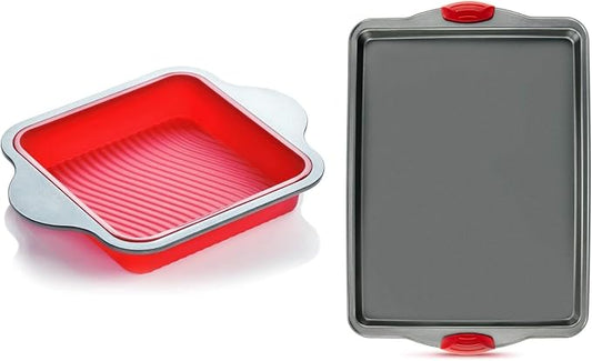 Non-Stick Baking Extravaganza: Silicone Square Cake & Brownie Pan + Steel Cookie Sheet Pan - Oven, Microwave, Dishwasher Safe with Durable Steel Frames by Boxikikitchen