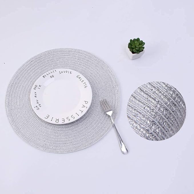 SHACOS Christmas Glitter Silver Placemats Set of 8 Sparkle Bling 15 inch Round Braided Table Mats Washable Place Mats for Dining Table Home Table Decor (Silver, 8) - Image 4