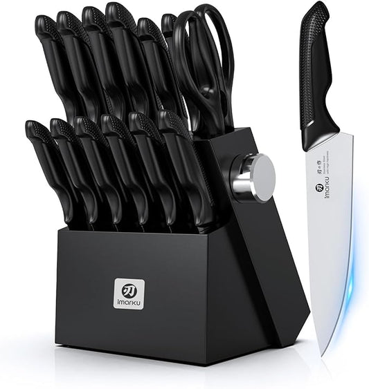imarku 14-Piece Japanese High-Carbon Stainless Steel Knife Set，Black | Kitchen Knife Set with Block|15°Precision Edge | 56±2 HRC Hardness | Built-in Sharpener|Ergonomic Handles|Gifts Mom & Dad by imarku