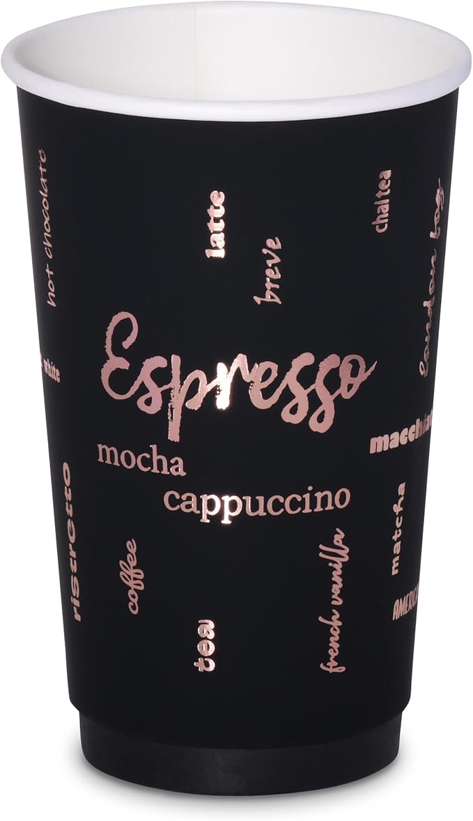 16oz Premium Disposable Coffee Cups, Double-Wall Insulated Paper Cups with Flip-Top Lids, No Sleeves Needed, To-Go Cups for Coffee, Tea, Hot Chocolate, Events, Rose Gold Print (Black, 60ct)