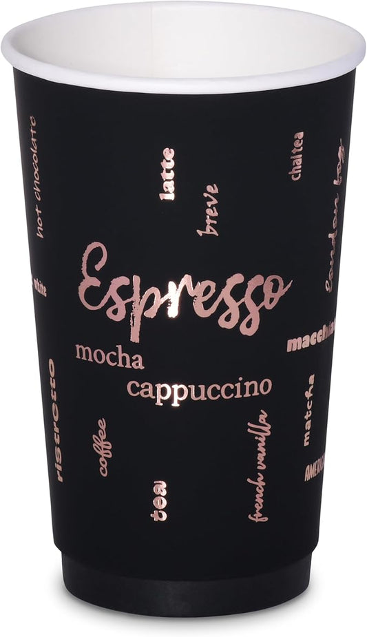 16oz Premium Disposable Coffee Cups, Double-Wall Insulated Paper Cups with Flip-Top Lids, No Sleeves Needed, To-Go Cups for Coffee, Tea, Hot Chocolate, Events, Rose Gold Print (Black, 60ct)