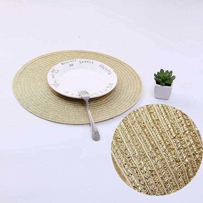 SHACOS Glitter Gold Round Braided Placemats Set of 8 Sparkle Washable 15 inch Round Table Mats Woven Place Mats for Christmas Party Dining Table Decor (Gold, 8) - Image 5