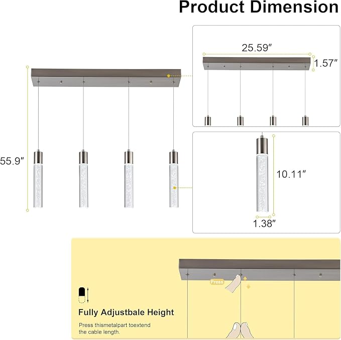 Pendant Light Kitchen Island with Remote Control & Dimmable, Modern Brushed Nickel Pendant Light Fixture for Dining Room 3000K/4000K/6000K - Image 2