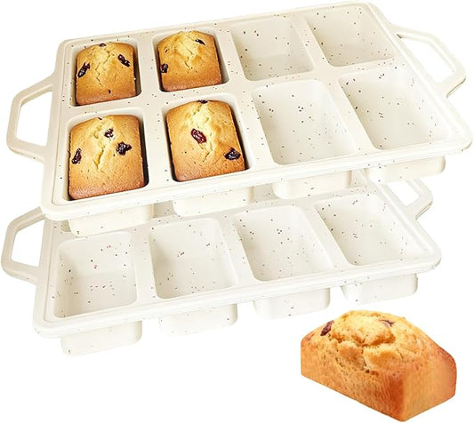 2Pack Silicone Mini Loaf Pans with Metal Frame, Mini Loaf Pans with 8 Cavity, Nonstick Small Bread Pans for Baking, Tiny Meatloaf Pan with Metal Reinforced Frame for Baker New Beginers (2, Cream)