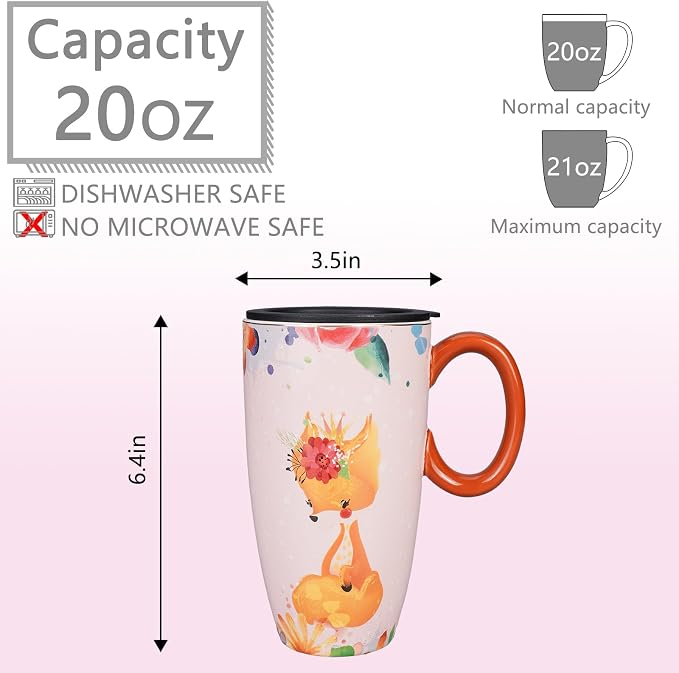 Fox Mug 20 oz Ceramic Travel Mug Porcelain Large Coffee Mug with Lid Kawaii Cup Fox Gifts for Women Housewarming Holiday Birthday Gifts for Women Mom Kids Men and Friend - Image 2