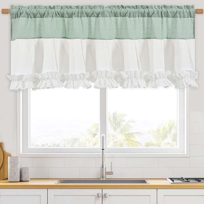 Likiyol Linen Valances for Windows Farmhouse Window Valances with Ruffle Rustic Country Light Filtering Kitchen Valance Curtains Rod Pocket Valance for Bathroom Cafe, Teal White, 52" W X 18" L - Image 9