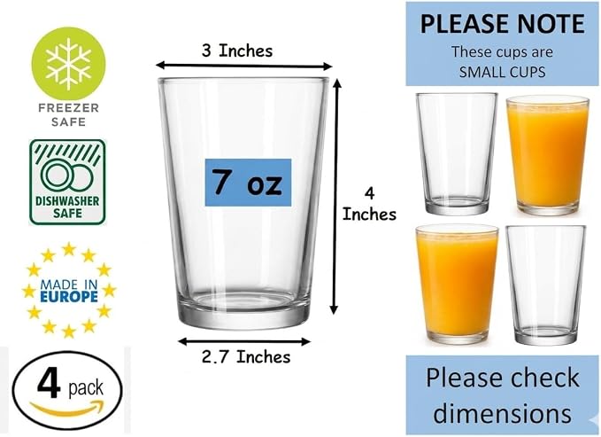 BOHEM'S Small Juice Glasses, Clear Glass Cups Tumblers, 7 Oz, Drinking Glassware for Orange Juice, Water, Milk, Coffee, Perfect for Tasting and Small Portions, Set of 4 (Style 1) - Image 5