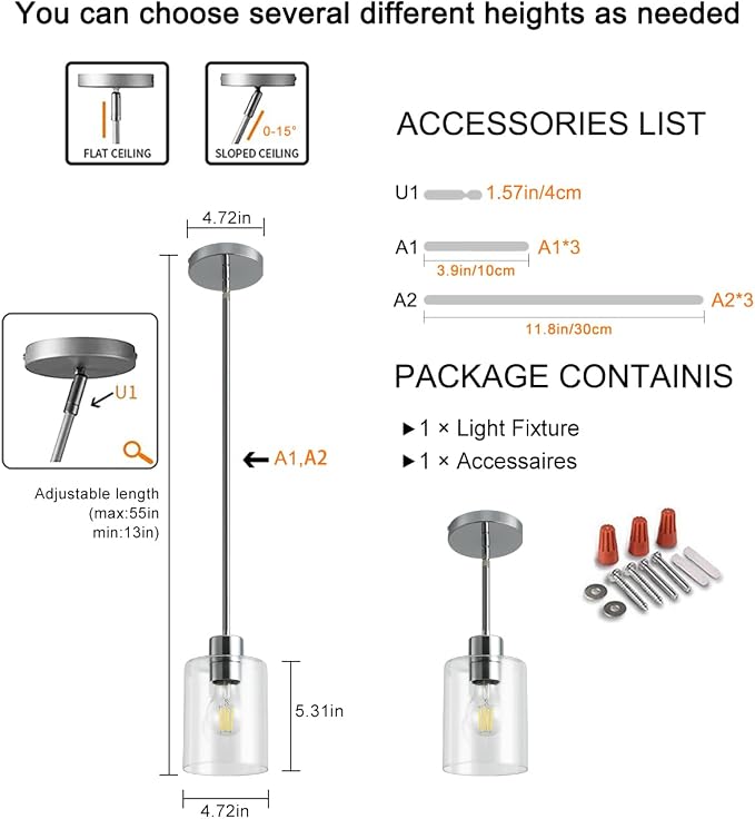 Chrome Pendant Lights Kitchen Island - Clear Glass Pendant Light Fixture Multiple Stems Rods 3 Units 12 Inch 3 Units 4 Inch (1 Pack Chrome Downrod) - Image 6