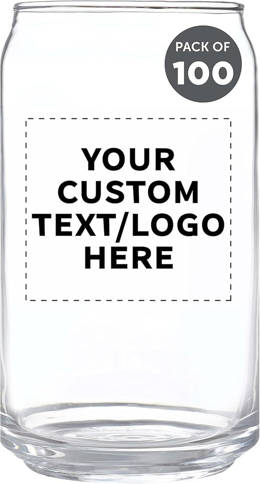 Custom Beer Can Glasses Set of 100, 16 oz. Pint Sized, Promotional Text, Logo, Soda Can Shape, Glassware, Clear