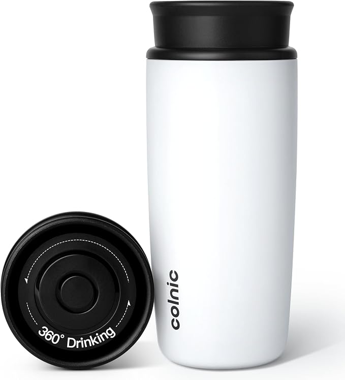 Travel Coffee Mug with 360°Lid, 12 oz Coffee Tumbler Insulated Travel Mugs for Hot and Cold, Vacuum Insulated Stainless Steel Coffee Cup Leak Proof Spill Proof-Matte White by WelcomeToColnic