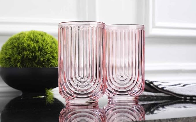 Glaver's Vintage Glassware Art Deco Glasses Ribbed Drinking Glasses U-Shape Arch Design Colored Cocktail Kitchen Tumblers Everyday Dinner Decorative Party Hand-Wash Only (Pink S/4 17oz) - Image 4