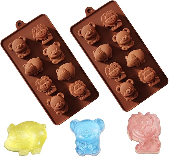 LeLehome Set of 2 Silicone Chocolate Molds, Non-Stick Animal Cake Muffin Candy Baking Mold Bakeware for Ice Cube, Soap, Candle, Jello, Lion, Hippo and Bear