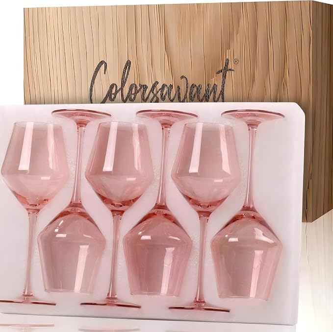 Elegant Pink Wine Glasses Set of 6 – Hand Blown Tulip Shape Long Stem Glassware – 15oz Pink Wine Glasses for Women, Wedding, Party, Bridesmaid Gift, Fancy Champagne or Rosé Goblets by Colorsavant
