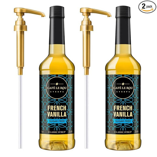 "NEW" Café Le Rou Coffee Syrup Sugar Free French Vanilla, 25.4oz (Pack of 2)*Includes 2 Coffee Syrup Pumps*Cafe Coffee Flavoring Syrup for Coffee, Tea, and Espresso
