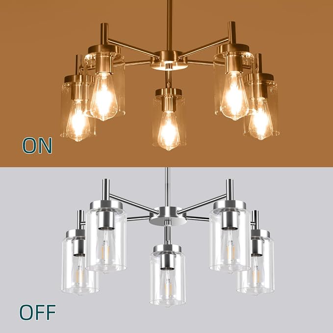 5 Lights Brushed Nickel Modern Farmhouse Chandelier for Dining Room with Glass Shade, Pre-Wired Height Adjustable Pendant Ceiling Lighting Fixture for Dining Living Room Bedroom Kitchen Foyer - Image 8