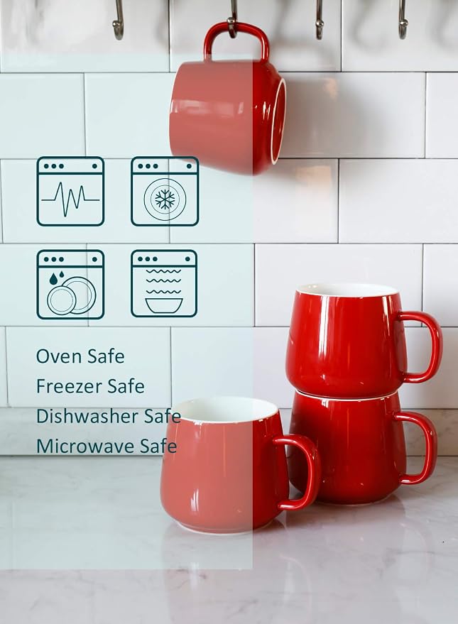 Teocera Ceramic Coffee Mug Set of 4-12 oz Coffee Mugs with Large Handles for Hot or Cold Drinks Like Latte, Cocoa, Tea or Juice - Smooth Ceramic, Dishwasher Safe, Red - Image 8