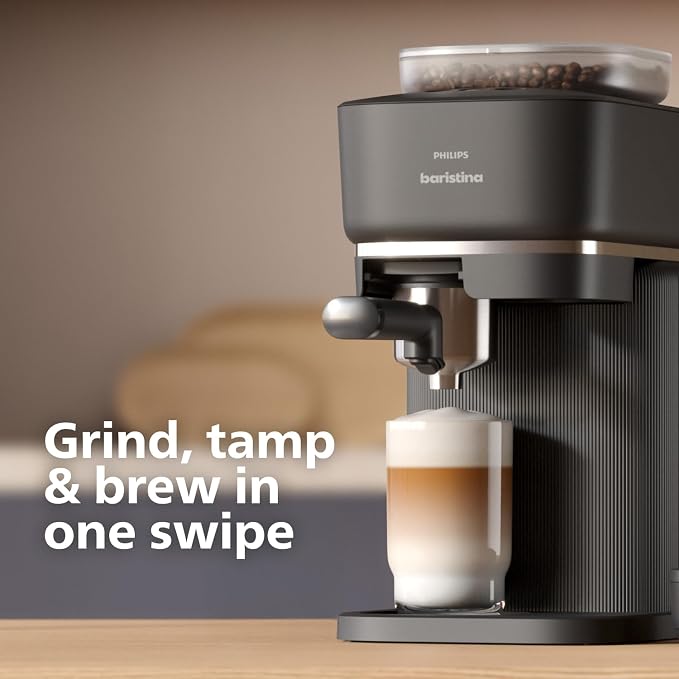 PHILIPS Baristina Espresso Machine, Grind, Tamp & Brew Coffee Beans in One Swipe, Compact, 16 Bar Pump Pressure, Automatic Grinder, Black with Black Portafilter (BAR300/60) - Image 3
