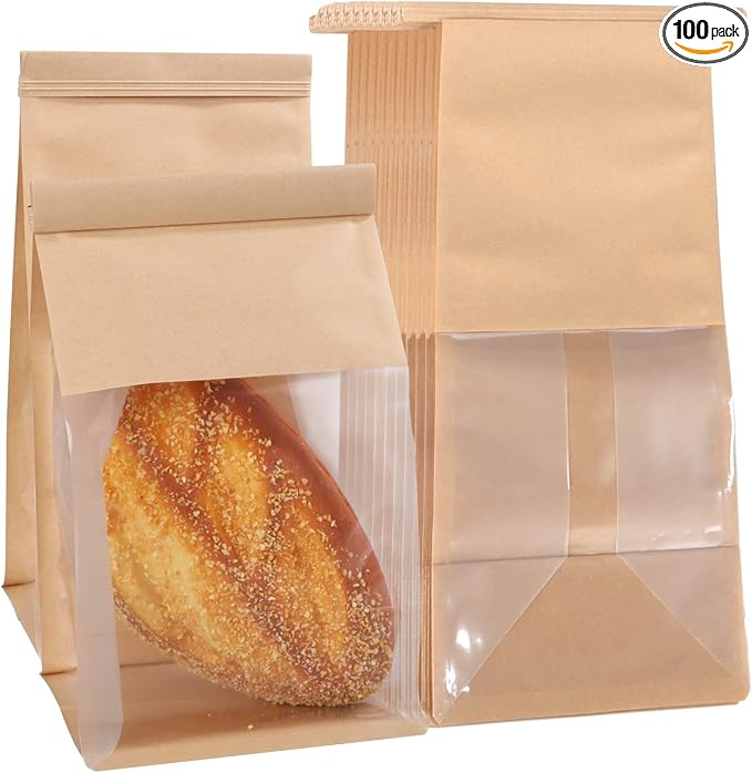 WOPPLXY 100 Pcs Bakery Bags with Window, 5.11 x 11 x 4.33 Inch Brown Kraft Paper Tin Tie Tab Lock Candy Bags Brown Window Bag, Small Kraft Paper Bag for Coffee Food Candy Gift Packaging Party by WopplxyUS