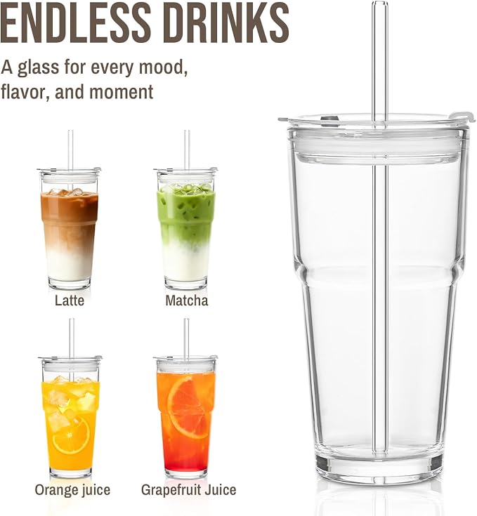 SoulTimes 20oz Clear Tumbler with bamboo Lid and Straw – Iced Coffee Glasses Cups for Smoothie, Matcha, Juice, Water etc. Leakproof and Reusable Glassware Drinking for Travel To Go 【4 Pack】 - Image 6