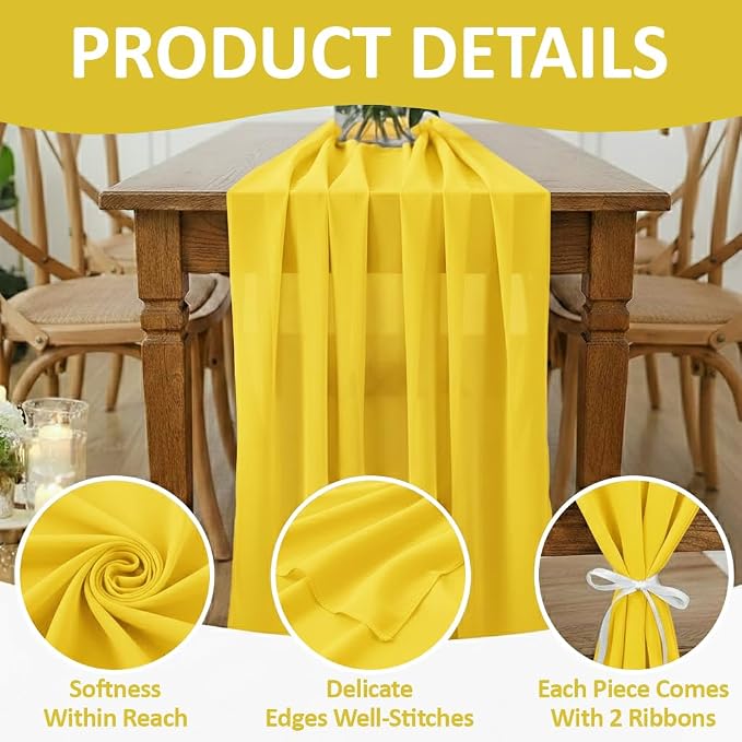 Pack of 15 | Yellow | 10ft Chiffon Table Runner 29x120 Inches Long Romantic Rustic Sheer Gauze Runner for Wedding Bridal Shower Birthday Banquets Engagement Spring Easter Boho Decorations - Image 5