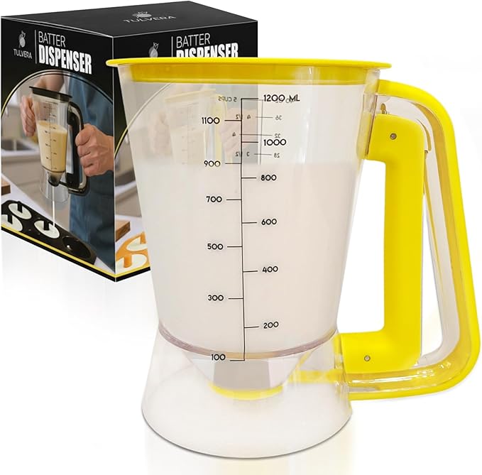 Pancake Batter Dispenser | 5-Cup Mix Pourer for Pancakes, Waffles, Crepes, Muffins, Cupcakes | Squeeze Handle, Portion Control Pitcher, Durable Drip-Free Design | Baking Accessories (Classic Yellow) by Tulvera