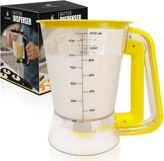 Pancake Batter Dispenser | 5-Cup Mix Pourer for Pancakes, Waffles, Crepes, Muffins, Cupcakes | Squeeze Handle, Portion Control Pitcher, Durable Drip-Free Design | Baking Accessories (Classic Yellow) by Tulvera