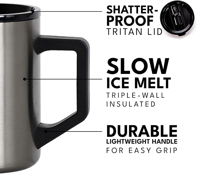 Elemental Insulated Coffee Mug - Triple-Wall Stainless Steel Summit Travel Cup for Hot and Cold Drinks - Thermal Coffee Mug with Lid and Handle for Camping, Office & Travel 16oz - Gunmetal - Image 5