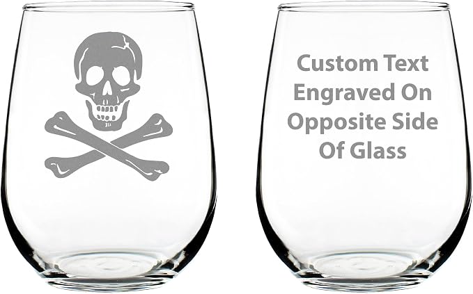 Custom Skull and Crossbones Personalized Stemless Wine Glass - Skull Decor and Jolly Roger Flag Gifts - Large 17 Oz Glasses - Customized Wine Glass Gift by Bevvee