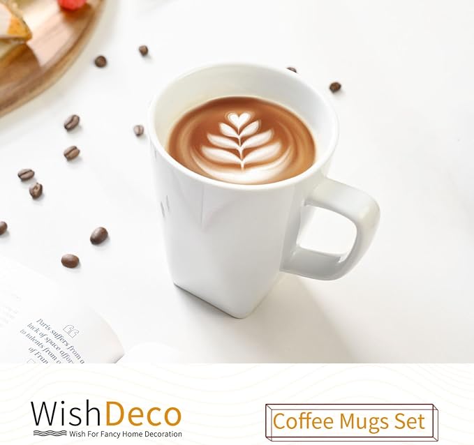 WishDeco White Coffee Mugs Set of 6, Ceramic Coffee Cups 14 oz, Modern Tea Mugs, Porcelain Tea Cups, Large Mug for Latte, Cappuccino, Milk, Juice, Cocoa, Square Bottom, Microwave and Dishwasher Safe - Image 2