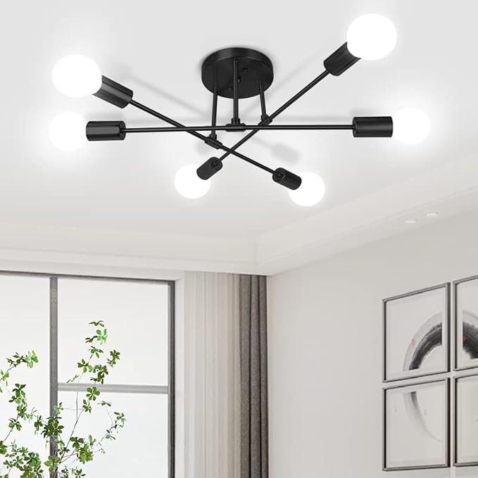 CANMEIJIA Modern Sputnik Chandelier Ceiling Light Fixture with 6 Lights Black Mid Century Ceiling Mount Lights Fixture for Bedroom, Dining Room, Living Room, Kitchen, E26 Base, Bulbs Not Included by CANMEIJIALighting