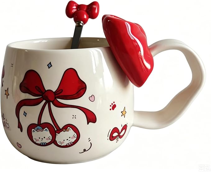 DTIUYIOP-Kawaii Red Bow Cherry Cat Ceramic Coffee Mug with 3D Red Bow and Bow Spoon, Large Curved Handle Cute Kitty Tea Cup, Coquette Aesthetic Gift for Women Girls Birthday Valentine’s Day Christmas by Unknown